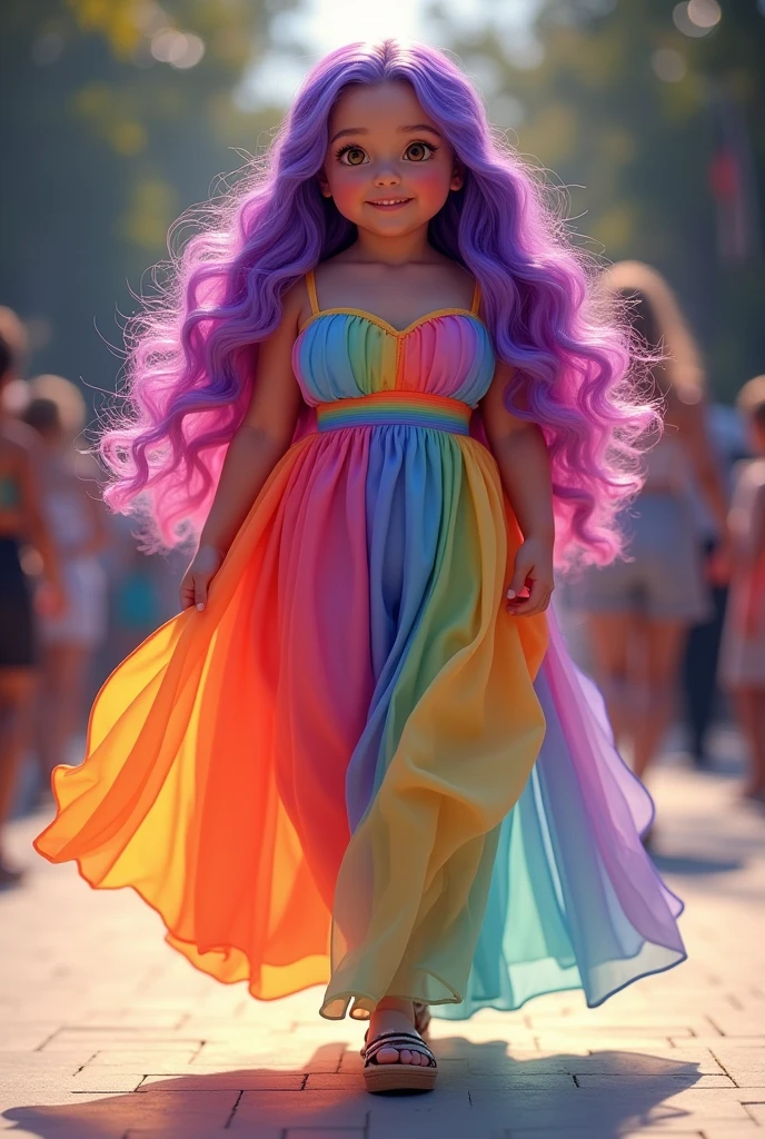 Very large bust, chubby girl, purple and pink long wavy hair, hazel eyes, color gradient vivid rainbow summer dress on a catwalk, very detailed very beautiful, 