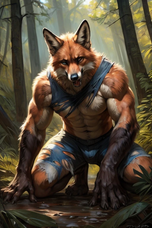 male fluffy red fox transformation,  comic book style, illustration, solo, abs, pecs, concentrated expression, masculine body, masterpiece, best art, full body, digitigrade, by oouna, by taran fiddler, torn pants, torn shirt, detailed hands, tall, detailed eyes, large tail, detailed torso, forest, pain expression, transformation, yelling, looking at ground, saliva drippung, on all fours,