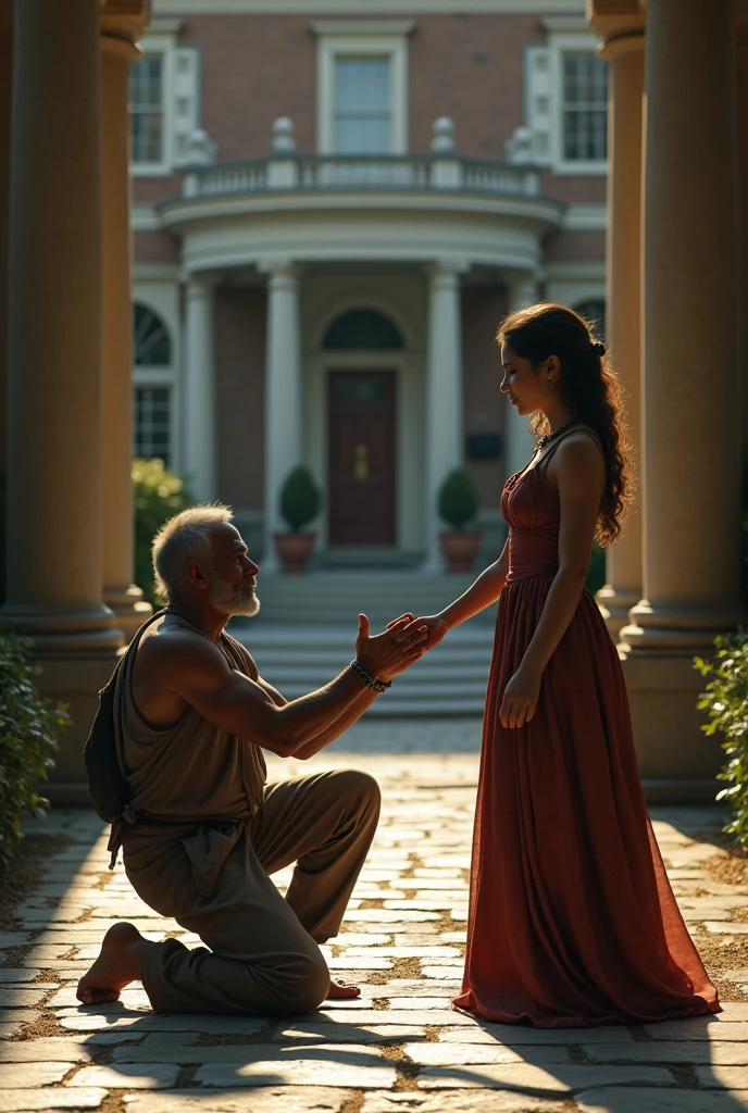 Creates a 4k image of a dirty poor man with torn clothes and barefoot and on his knees, kissing the hand of a rich rich girl ,at the door of your mansion,the image must be the size of Tiktok images,the image as real as possible 