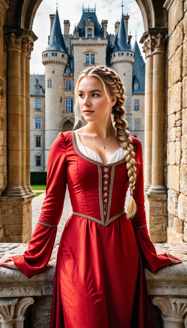 A young blonde woman in medieval red dress with hair braided into two French braids standing in a grand castle with tall, stone walls and tapestries.