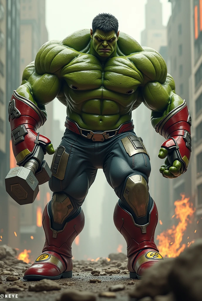 Hulk wearing Iron Man suit holding Thor&#39;s hammer with bunny slippers with Flash symbol on chest