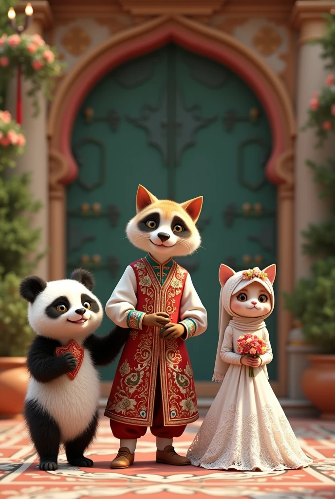 Can you draw a groom playing Zeybek, a male panda and a female cat in a wedding dress? , With Turkish motifs. There is a Zeybek dance in Turkey. Can you arrange it accordingly?.

It&#39;s nice but it&#39;s not a groom&#39;s suit for a panda, Did we dress the bride in a white wedding dress?.

Come on, our cat is veiled.. Can you put a hijab on your head? 