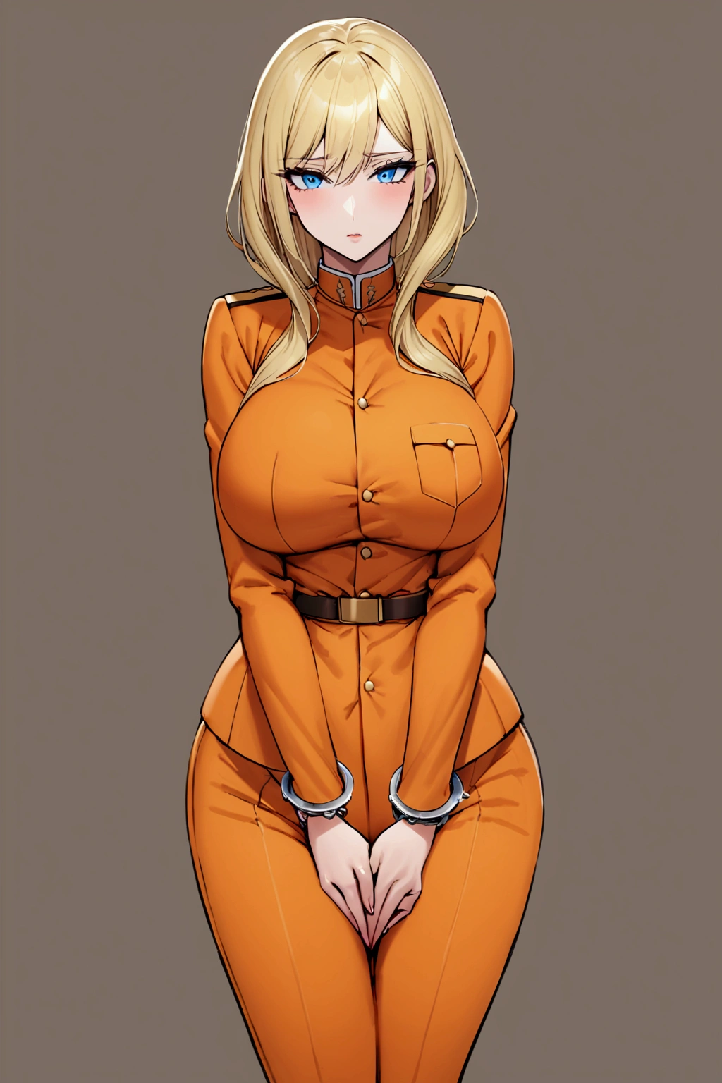 ,orange jumpsuit, uniform, orange pants,Waist Chain, Hands tucked in between thighs, arms tucked in between thighs, Handcuffs, big breasts, long white hair, blue eyes, milf, ponytail 