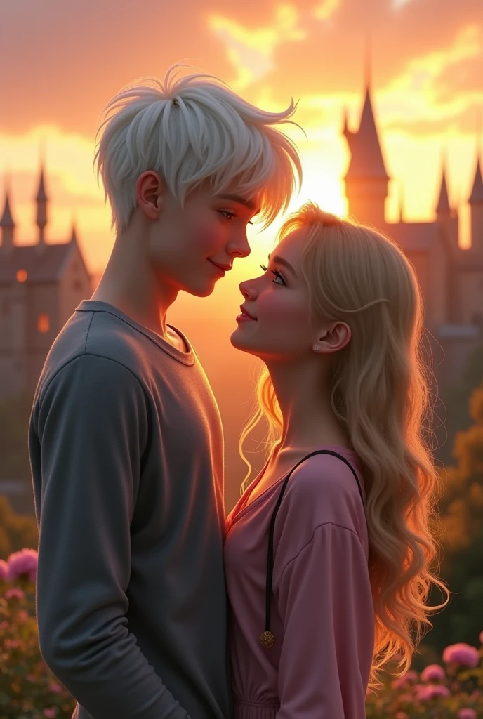 Teenage couple, two people. First person is a very handsome 17 year old albino boy with pale skin, white-blonde hair, and grey eyes and dressed in gray. The second person is a very pretty 17 year old girl with wavy long blonde hair and dark brown eyes and dressed in pink. Soft smiling. Background of Hogwarts Castle sunset.