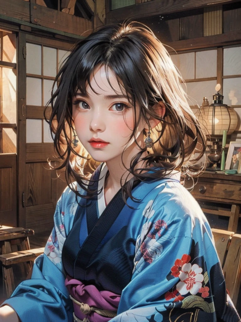 (highest quality、8k、32k、masterpiece)、(masterpiece, up to date,Exceptional:1.2), Anime, One girl,Front hair,black_hair, Beautiful 8k eyes,Looking_in_Audience,One person in,Are standing,((Very beautiful woman, Fuller lips, Japanese pintern kimono))、((Colorful Japanese kimono)))、(((Medium Shot)))、Blunt bung、(High resolution)、Very beautiful face and eyes、1 girl 、Round and small face、Narrow waist、delicine body、(highest quality high detail Rich skin details)、(highest quality、8k、Oil paints:1.2)、Very detailed、(Realistic、Realistic:1.37)、Bright colors、(((blackhair)))、(((longhair)))、(((cowboy pictures)))、((( Inside an old Japanese house)))、(masterpiece, highest quality, highest quality, Official Art, beautifully、aesthetic:1.2), (One girl), Very detailedな,(Fractal Art:1.3),colorful,Most detailed,Sengoku period(High resolution)、Very beautiful face and eyes、1 girl 、Round and small face、Tight waist、Delicine body、(highest quality high detail Rich skin details)、(highest quality、8k、Oil paints:1.2)、(Realistic、Realistic:1.37)、Greg Rutkowski Written by Alphonse Mucha Ropp, sun lips