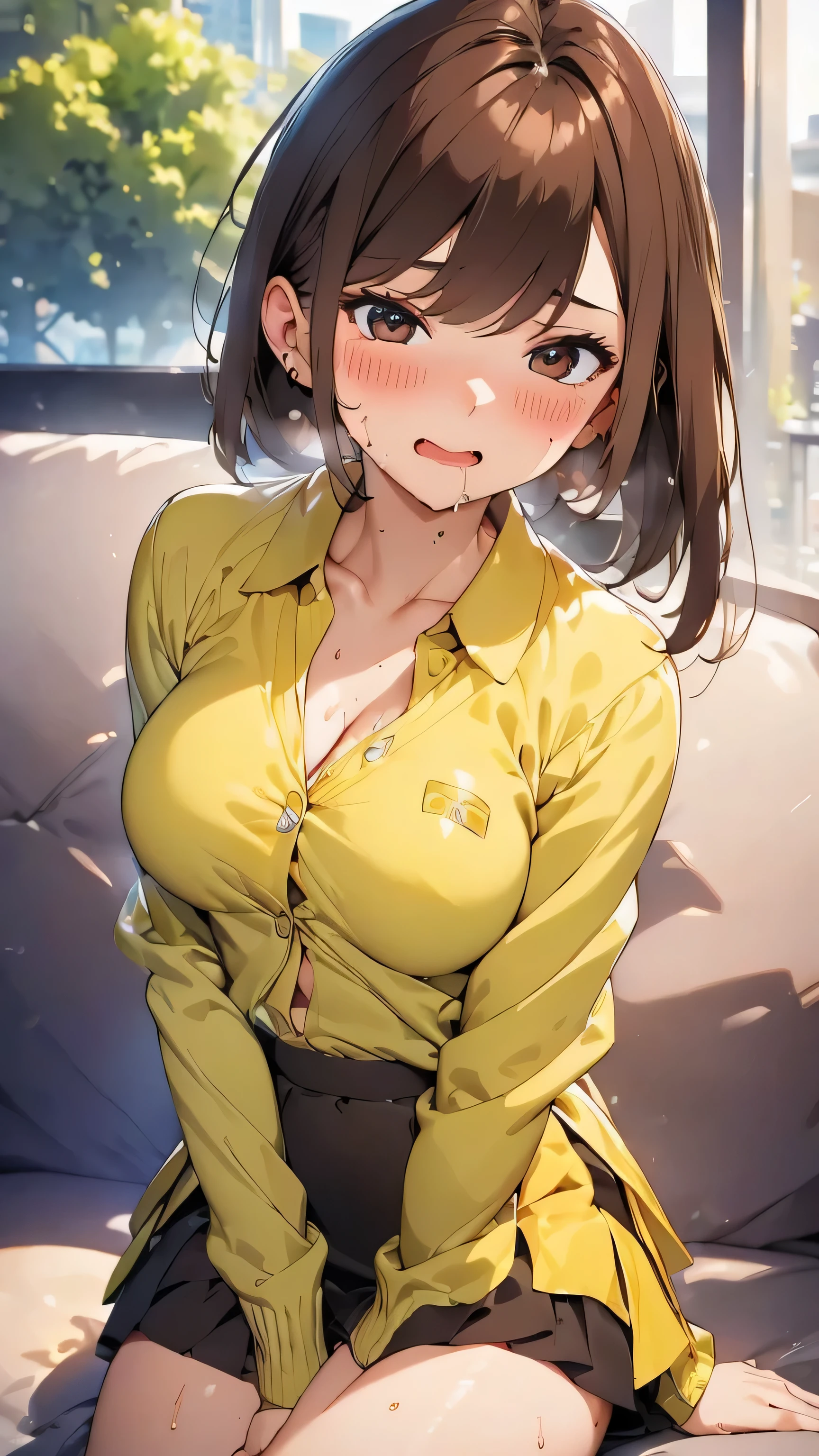 (Highest quality,8k,Detailed description)Natural Lip,Brown hair, semi-long,Looking at the audience,Random sexy poses,Beautiful breasts:1.0,Tight mini skirt:1.0,Trying to grab a banana:1.5,Drooling from the mouth:1.0