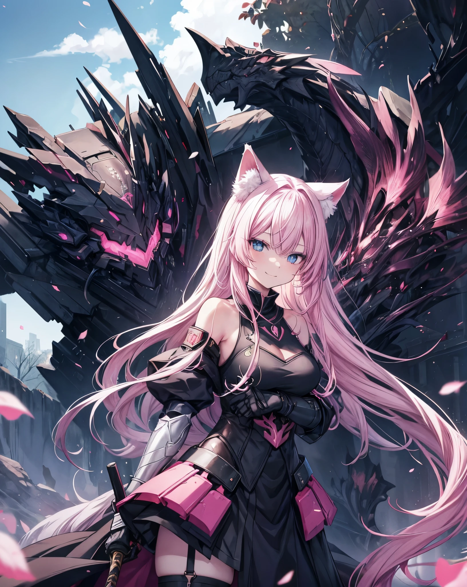 Anime style war, serious style, 1nekogirl, pink_and_white_cat_ears, fox tail, limited palette, long Straight pink hair, detailed anime blue eyes. She has a little smile. She is a Mercenary with scars on face, Outdoor scenery. Point a sword upwards. Behind them there is an army. War is coming. She wear a black intricate light war armour. She has bare shoulders. They will fight on the Winter Forest. Light Black Dragon armour, Pink details. Fight pose. Shes smirking