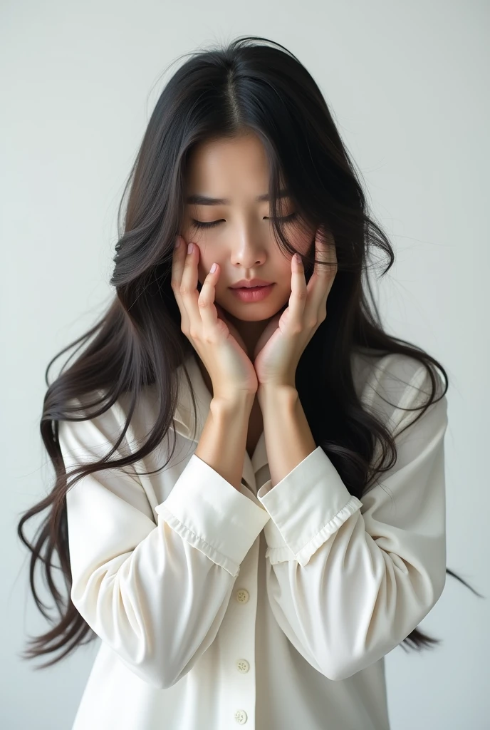 Create an Asian long-haired beauty,Wearing a long white turtleneck fitness shirt,Scratching the scalp with both hands,There is a lot of dandruff on the top of the head,White fine dandruff on the top of the head,The expression is unhappy,The characters are realistic and realistic,Gym background,9:16 frames,Ultra-high-definition picture quality