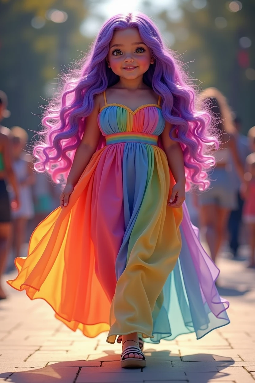 Very large bust, chubby girl, purple and pink long wavy hair, hazel eyes, color gradient vivid rainbow summer dress on a catwalk, very detailed very beautiful,