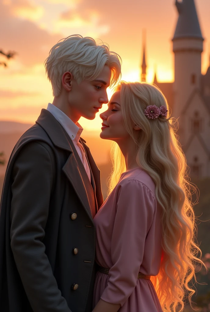 Teenage couple, two people. First person is a very handsome 17 year old albino boy with pale skin, white-blonde hair, and grey eyes and dressed in gray. The second person is a very pretty 17 year old girl with wavy long blonde hair and dark brown eyes and dressed in pink. Soft smiling. Background of Hogwarts Castle sunset.