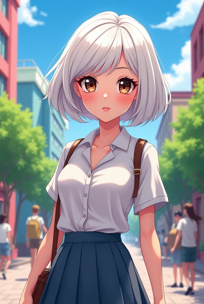Barbie cartoon college girl dark brown eyes white hair