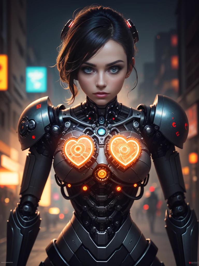Topic prompts "Atomic heart, Mechanical girl" as follows: Atomic heart,Mechanical girl,Meticulous robot eyes,Detailed metal lip,Extremely detailed facial features of the robot,Shiny metal skin,Mechanical body parts,Mechanical gears and gears,Magical glowing heart,Cyberpunk style background,Science fiction art style,Vibrant colors,High-res,Ultra-detailed,Realistic lighting effects,Bokeh.