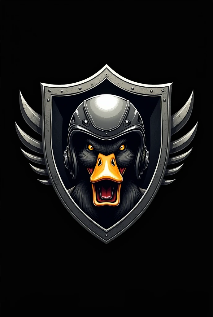 Logo of a duck inside a shield with a car helmet and anger with a black background and below written: duck