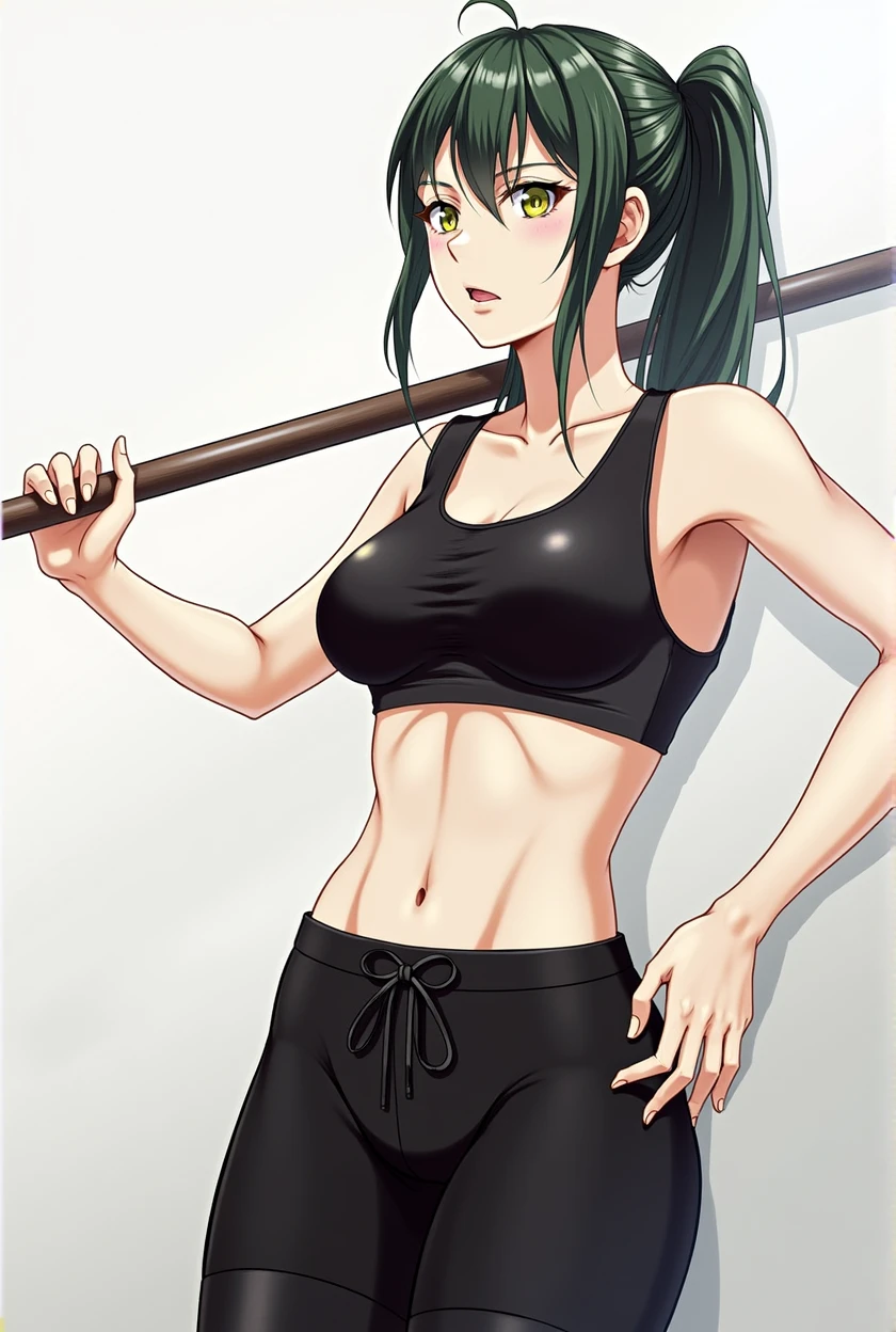 masterpiece, Best quality at its best, 1 girl, Maki Zenin, Increased, be sexy,Very angry,with green hair, long green hair, ideal figure,behind,Портрет в полный рост behind,in the cell,standing on my feet, сильно Older вперед, face pressed against the wall ,legs straight, leans his hands on the wall, the back is arched back, skinny black shiny bike shorts, lower body close up , ass up, Older