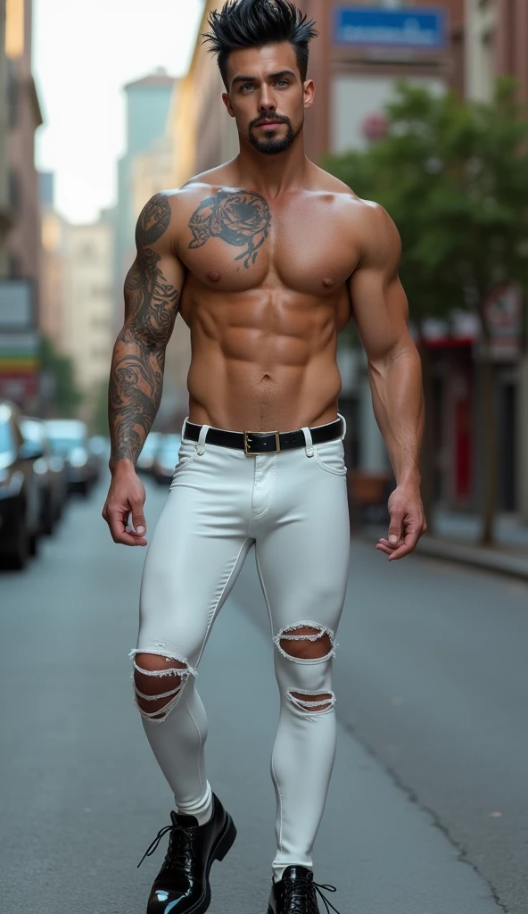 Fullbody standing picture of white skin Handsome horny nude sexy gay boy wearing skinny ripped shiny white vinyl tights, shiny black Disconnected Pompadour oiled hair style, goatee, blue eyes, shiny varnished vinyl shoes, red lip, chain, tattoos, horny, cum shot, sperm, milking penis, big penis, very big testicle, shiny oiled skin, orgasm, oversexed, standing at street.