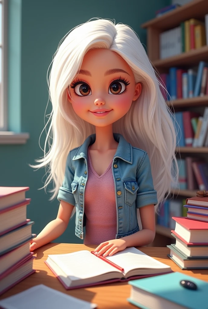 Barbie cartoon college girl with dark brown eyes and white hair and her medical books