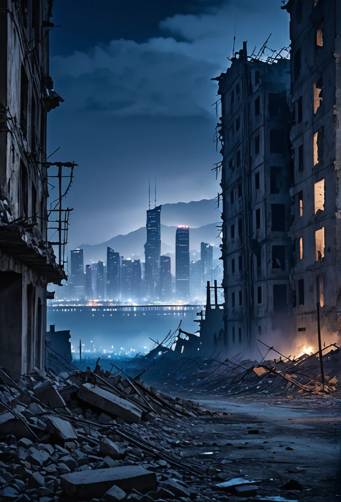 Destroyed city ruins, tall concrete wall with barbed wire, smog, skyscrapers in the distance, big deep sky, at night