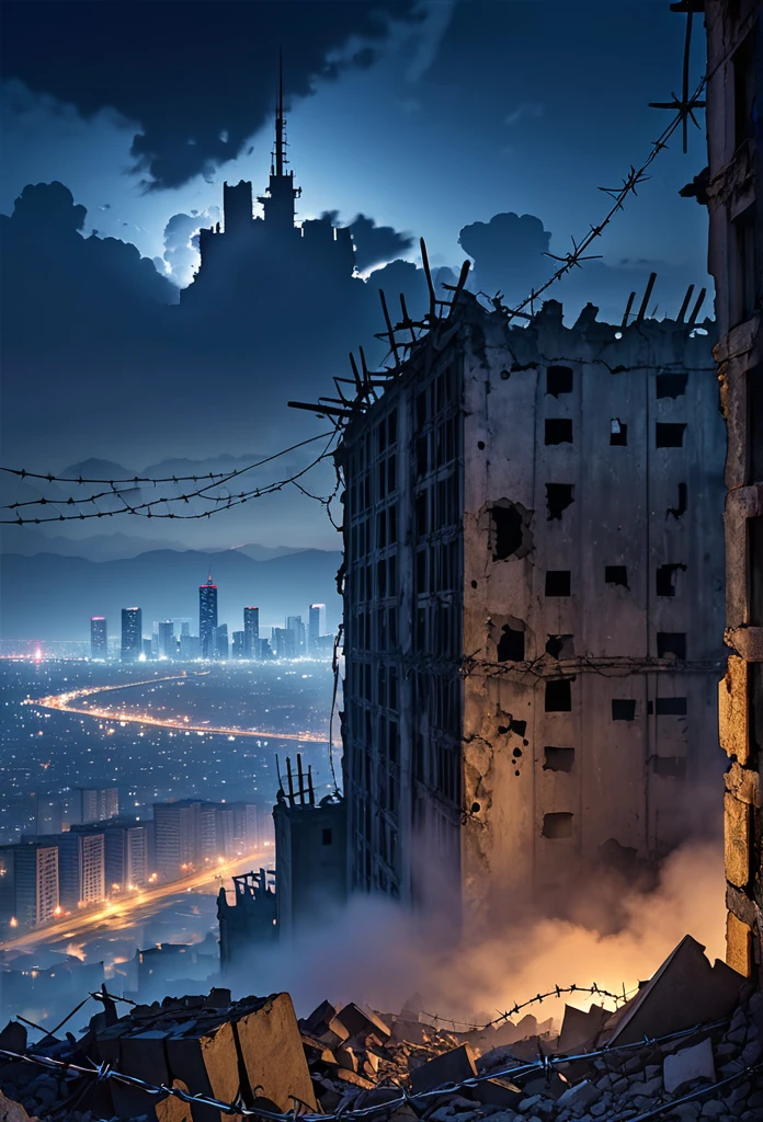 Destroyed city ruins, tall concrete wall with barbed wire, smog, skyscrapers in the distance, big deep sky, at night