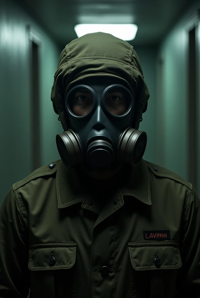 a man in a gas mask and military uniform on the background of an interrogation chamber