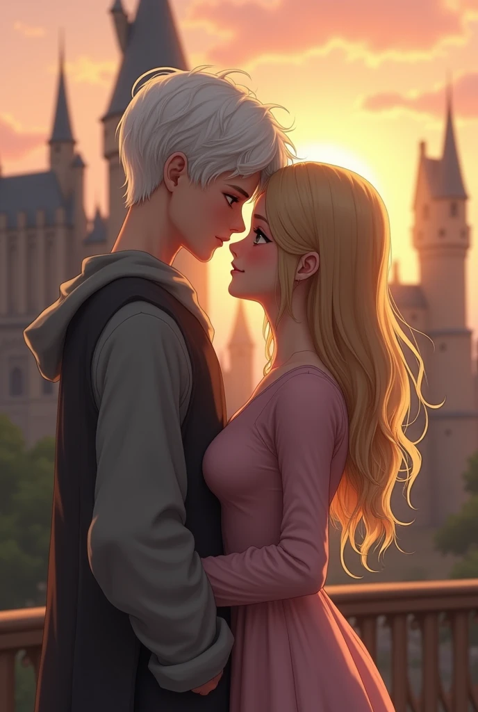 Teenage couple, two people. First person is a very handsome 17 year old albino boy with pale skin, white-blonde hair, and grey eyes and dressed in gray. The second person is a very pretty 17 year old girl with wavy long blonde hair and dark brown eyes and dressed in pink. Soft smiling. Background of Hogwarts Castle sunset.