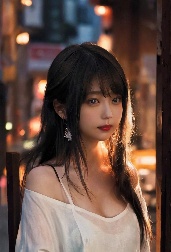 Niji Kei, long hair, looking at viewer, sheer open shirt, unbuttoned, off the shoulder, cleavage, curvy 1girl, hair between eyes, navel, smile, blonde hair,((1/2 body portrait)) earrings, necklace, tousled hair, night cityscape