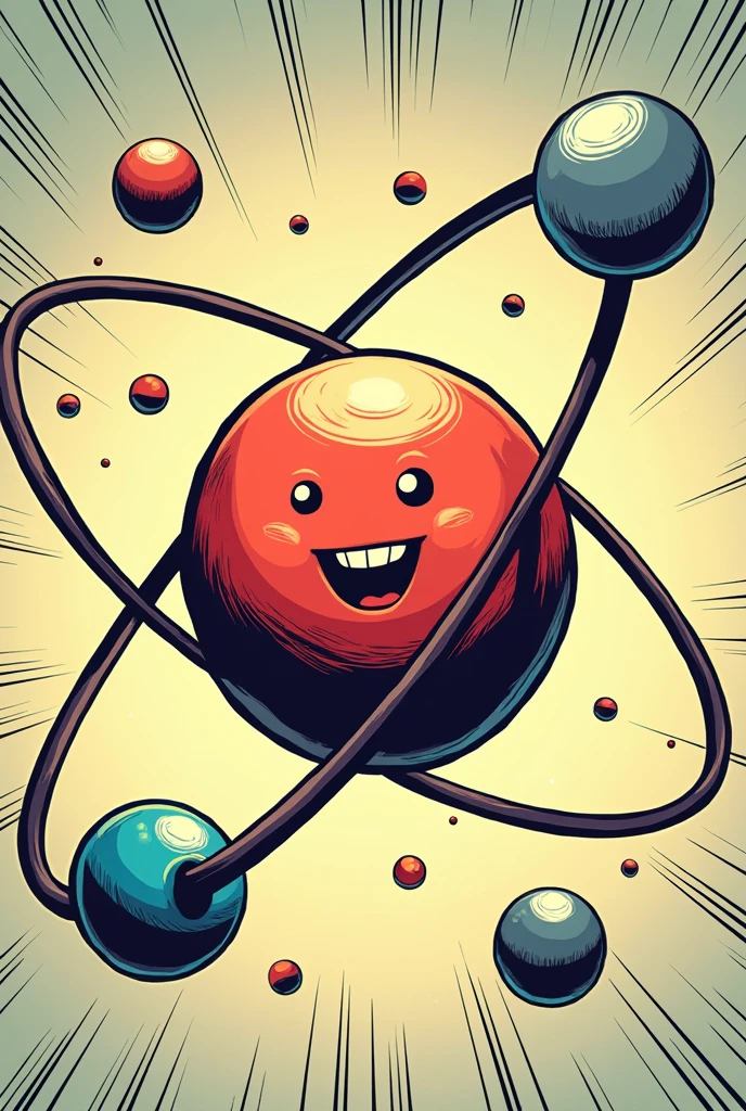 Zoom in on the atom, revealing that he is made of three characters: Proton (positive, color red), neutron (neutral, gray color) e Electron (Neg, blue color). Proton is smiling and full of energy. neutron parece calmo e equilibrado. Electron is running around them.
comic
