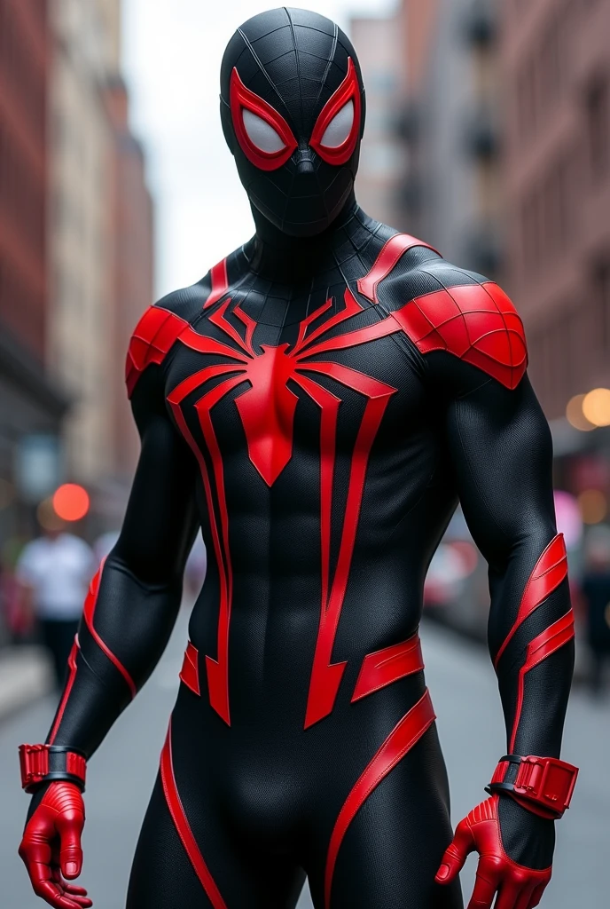 Make Spider-Man uniform, predominantly black, with red details on the gloves, booties, and a large spider symbol on the chest. The uniform lines are modern and dynamic, suggesting speed and agility. The mask covers the entire face, with big red eyes that stand out.