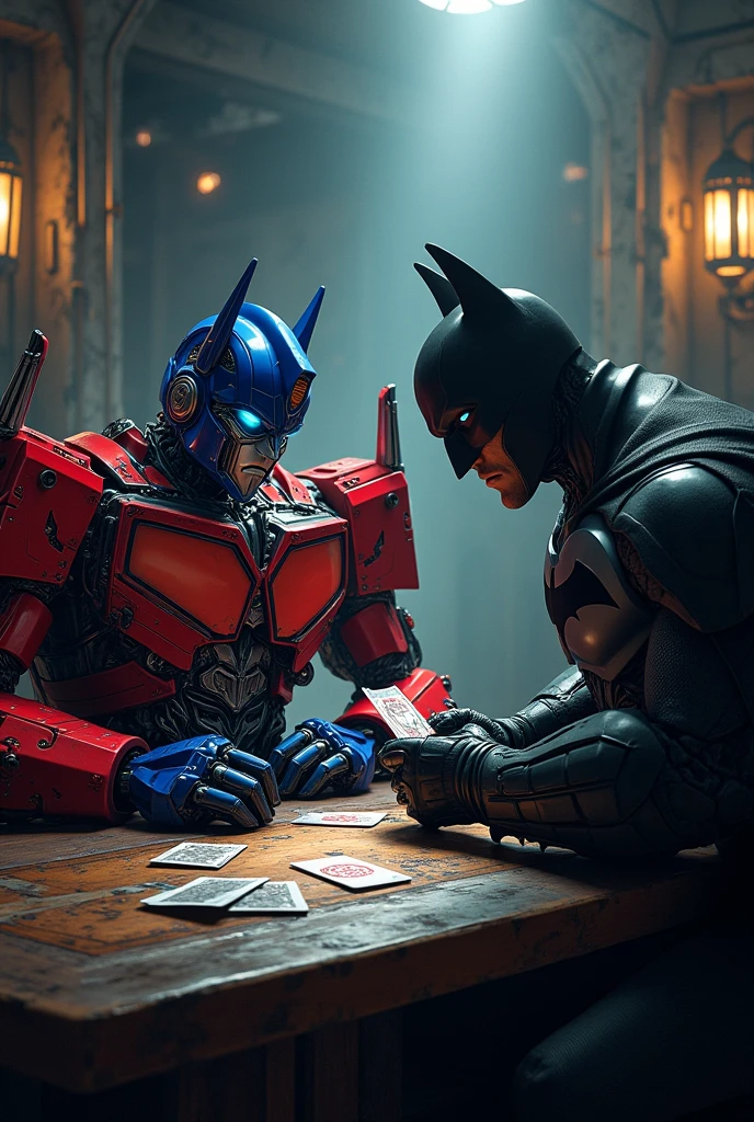 Optimus Prime playing truco with Batman