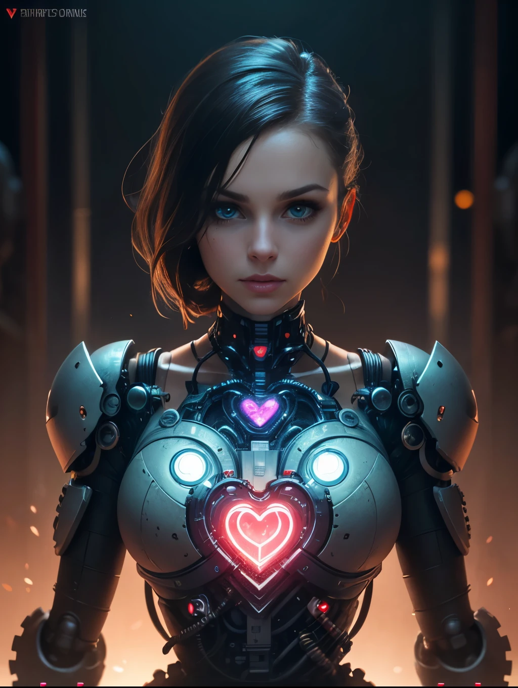 Topic prompts "Atomic heart, Mechanical girl" as follows: Atomic heart,Mechanical girl,Meticulous robot eyes,Detailed metal lip,Extremely detailed facial features of the robot,Shiny metal skin,Mechanical body parts,Mechanical gears and gears,Magical glowing heart,Cyberpunk style background,Science fiction art style,Vibrant colors,High-res,Ultra-detailed,Realistic lighting effects,Bokeh.