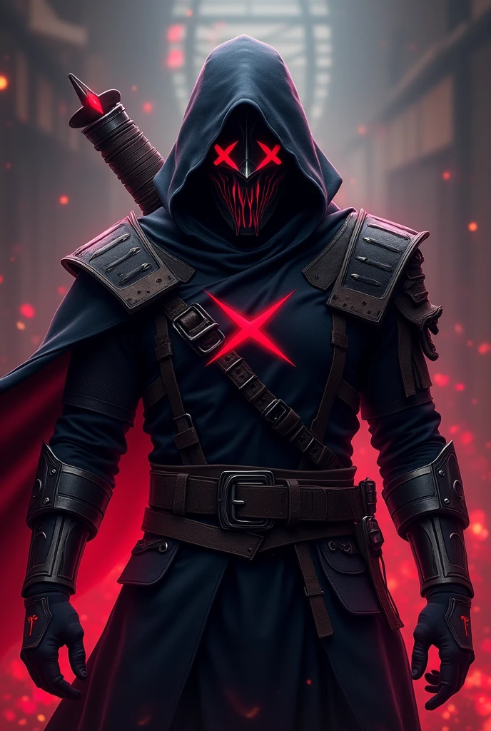 Imagine Zed, the character of League of Legends, with his typical dark outfit and intimidating mask. Now, Imagine you are holding the Kick logo