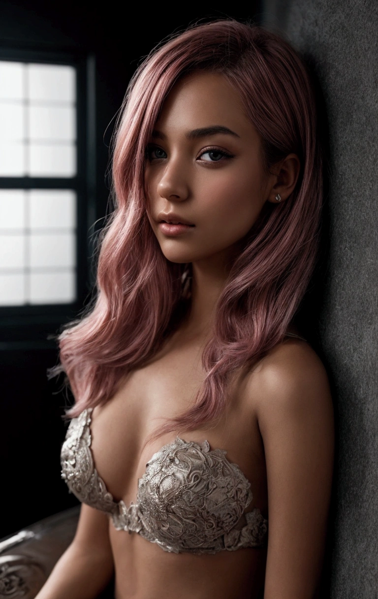 pink hair girl in teatre, hatching (texture), close-up, f/2.8, Sony FE GM, caustics, overexposure, bokeh, high details, high quality, anatomically correct, accurate, masterpiece, retina