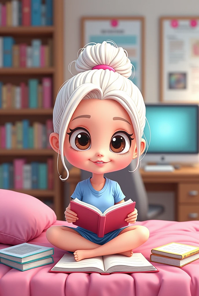 Barbie cartoon college girl with dark brown eyes and white hair and her medical books