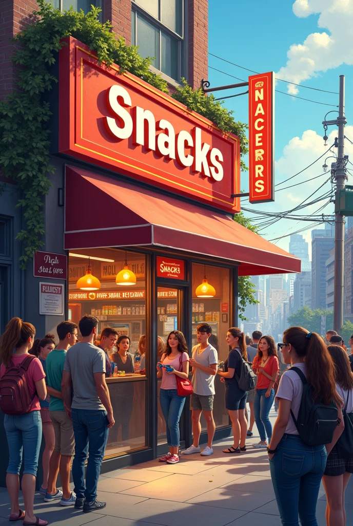 Restaurants with name "Snacks" with many people outside the restaurant waiting 