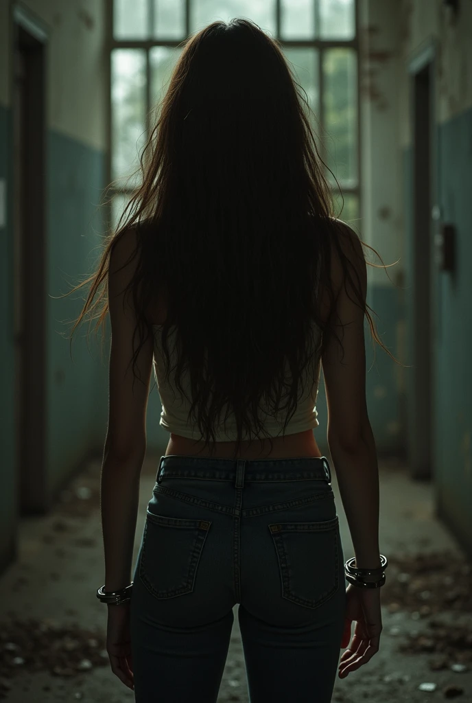 Female prisoner from behind long hair brunette handcuffed