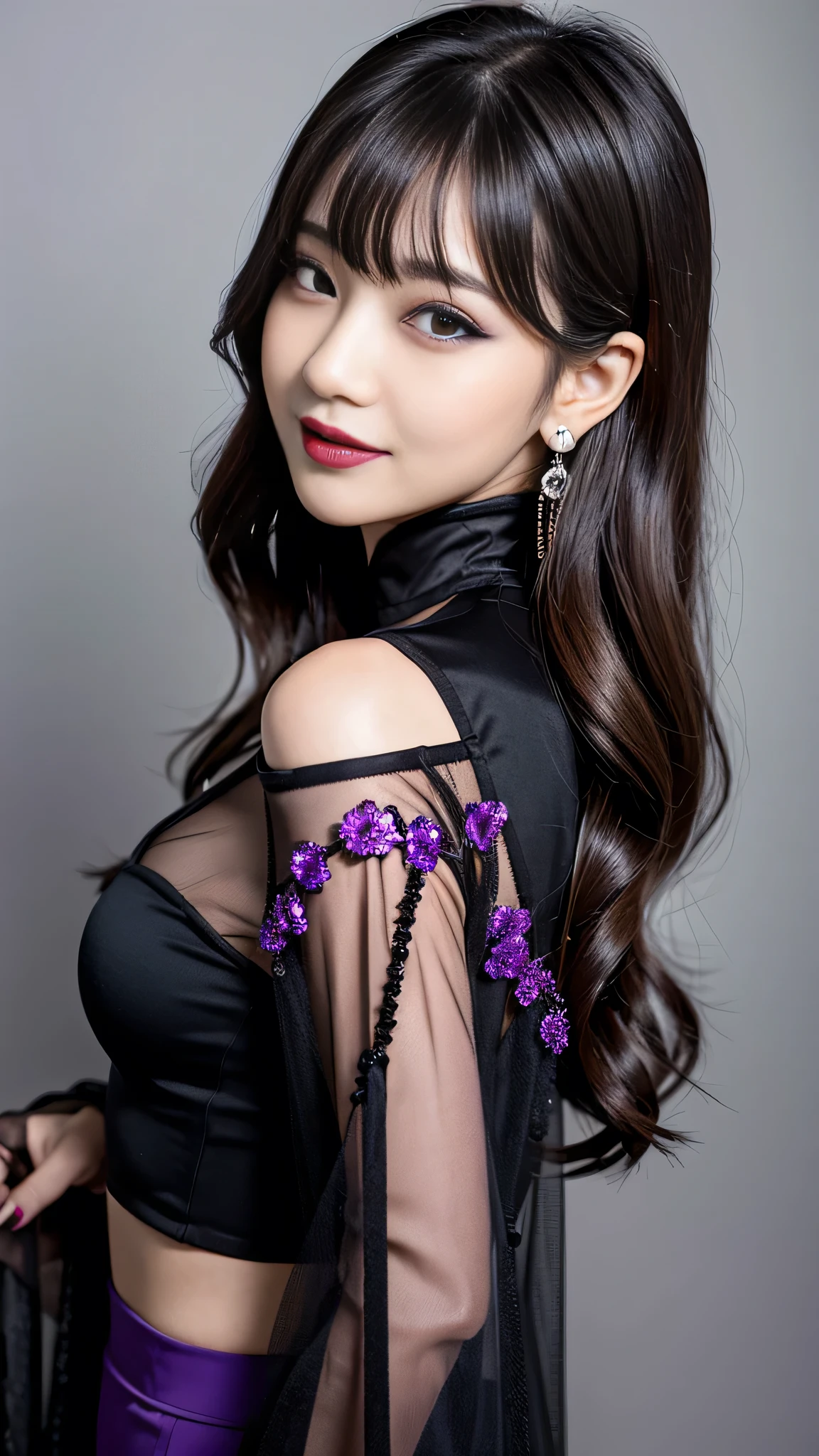 best quality、ultra-detailed、8k、Japanese、Japanese、Seductive beauty、seductive adult woman、Pretty Woman、cool girl、smirk、Wicked Smile、Villainess、brainwash makeup、Brainwashed、brainwash、Fallen into evil、Evil look、evil、Brown hair、wavy hair、swept bangs、dark makeup、piercing eyes、hollow eyes,half-closed eyes、Hollow Eyes、purple Eyeshadow、black lipstick、black lipglos、Purple Eyeshadow、black lipstick、black lip gloss、Dark Makeup、smirk、Whisper in my ear、Evil look、long black cheongsam、Wide sleeves、night、inside darkroom、Kiss、I have lipstick、Are standing、Look、Offer、shoot from below、Connected by many cords