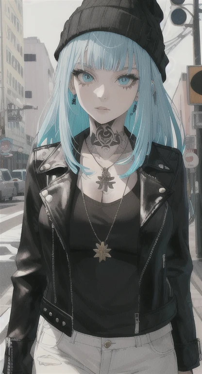 Holo-Punk Style, ((best quality)),((masterpiece)),((strikingly beautiful)), mature, 1girl, solo, high quality, masterpiece, skinny, long hair, messy bangs, black beanie, cyan hair, leather jacket, cyan eyeliner, pale skin, many necklaces, neck tattoo, tattoo on neck, sidewalk, large breasts