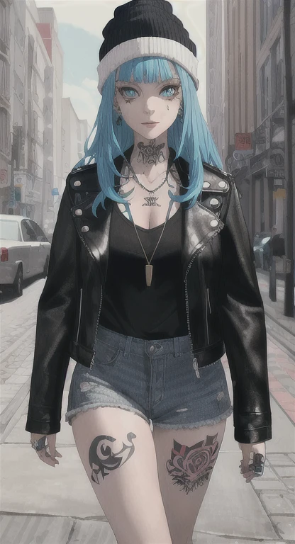 Holo-Punk Style, ((best quality)),((masterpiece)),((strikingly beautiful)), mature, 1girl, solo, high quality, masterpiece, skinny, long hair, messy bangs, black beanie, cyan hair, leather jacket, cyan eyeliner, pale skin, many necklaces, neck tattoo, tattoo on neck, sidewalk, large breasts