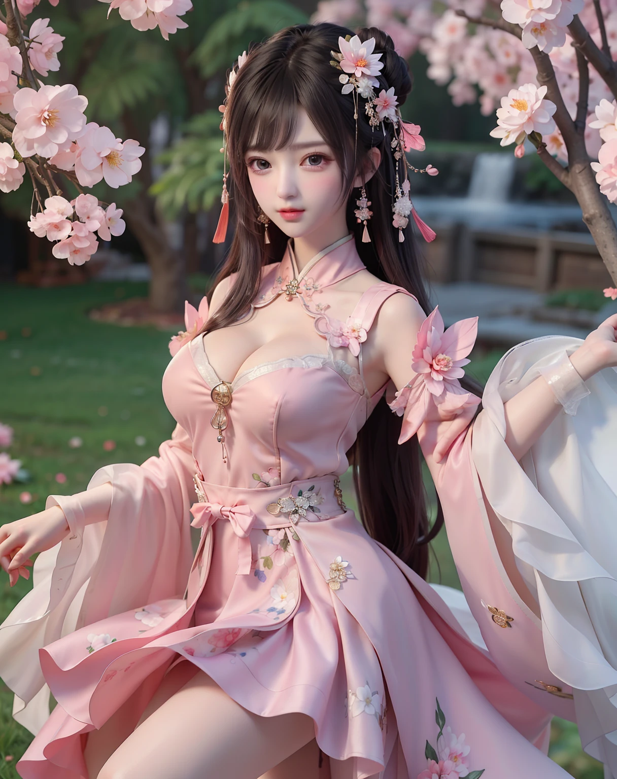 (8k, RAW photo:1.2), best quality, ultra high res,dramatic angle,(fluttered detailed color splashs), (illustration),(((1 girl))),(long hair),(rain:0.9), (Headdress:1.4),There is an ancient palace beside the girl,Hanfu,(Key Points),Color ink painting,(Splash of Color),Splash of Color,(((colorful))),(sketch:0.8) , Masterpiece, best quality, beautiful painted, highly detailed,(denoising:0.6),[splash ink],((ink refraction)), (beautiful detailed sky),moon,highly,detaild,(masterpiece, best quality, extremely detailed） CG Unity 8k Wallpaper，masterpiece，best quality，Ultra Detailed），（Lycoris）. hanfu open v open V-chested clothes Thin silk lace dress , (huge ，),, white pink and gren，best qualtiy，tmasterpiece，Ultra-high resolution，（Reality：1.4），RAW photogr，（True skin texture：1.3），（filmgrain：1.3），（Selfgle），1个Giant Breast Girl，Bul eye and face details，tmasterpiece，Best quality at best，，The chest more exposed， detailed hair, brap urple , detail 8k, upper body, lace petticoat