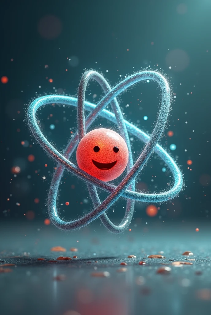 Zoom in on the atom, revealing that he is made of three characters: Proton (positive, color red), neutron (neutral, gray color) e Electron (Neg, blue color). Proton is smiling and full of energy. neutron parece calmo e equilibrado. Electron is running around them.