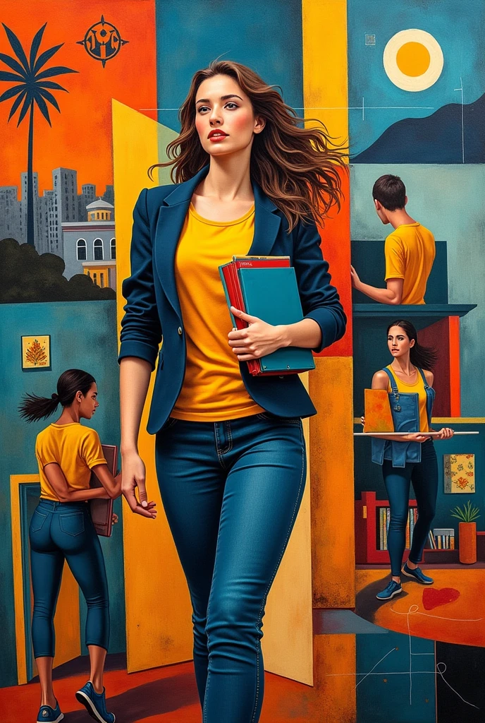 I want you to take a famous and easy cubism art from Brazil and add things from my daily life like the gym, school and English course.