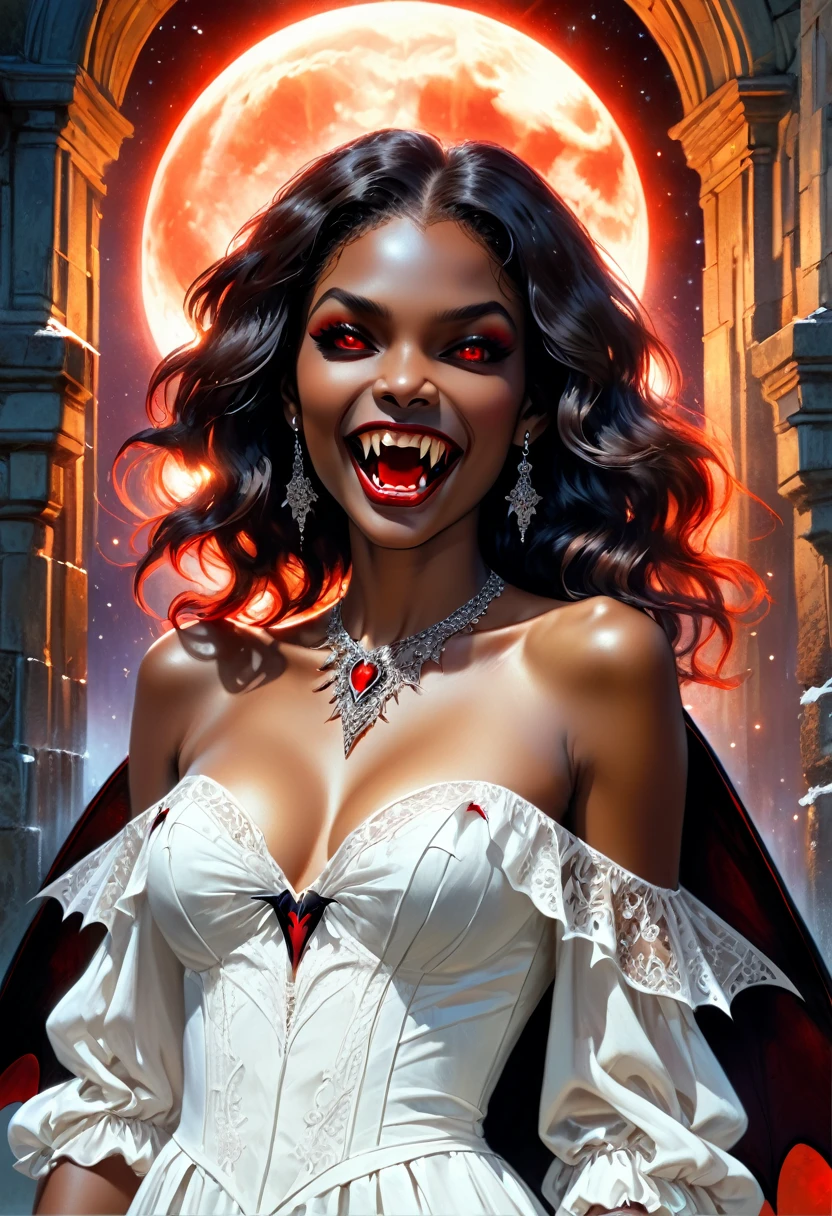 a picture of an exquisite beautiful  (African: 1.2) female  vampire standing under the starry night sky at the base of the waterfall, ultra feminine, (busty: 1.2), small cleavage black skin, dynamic hair color, wavy hair, dynamic eyes color, (red glowing eyes: 1.3), ((vampire fangs: 1.5)), cold eyes, glowing eyes, intense eyes, dark red lips, wearing white dress, wearing blue cloak, ultra best realistic, best details, best quality, 16k, [ultra detailed], masterpiece, best quality, (extremely detailed), photorealism, depth of field, hyper realistic painting, sky full of stars background, moon, bats flying about, high details, best quality, 8k, [ultra detailed], masterpiece, best quality, (ultra detailed), vampyfangs1