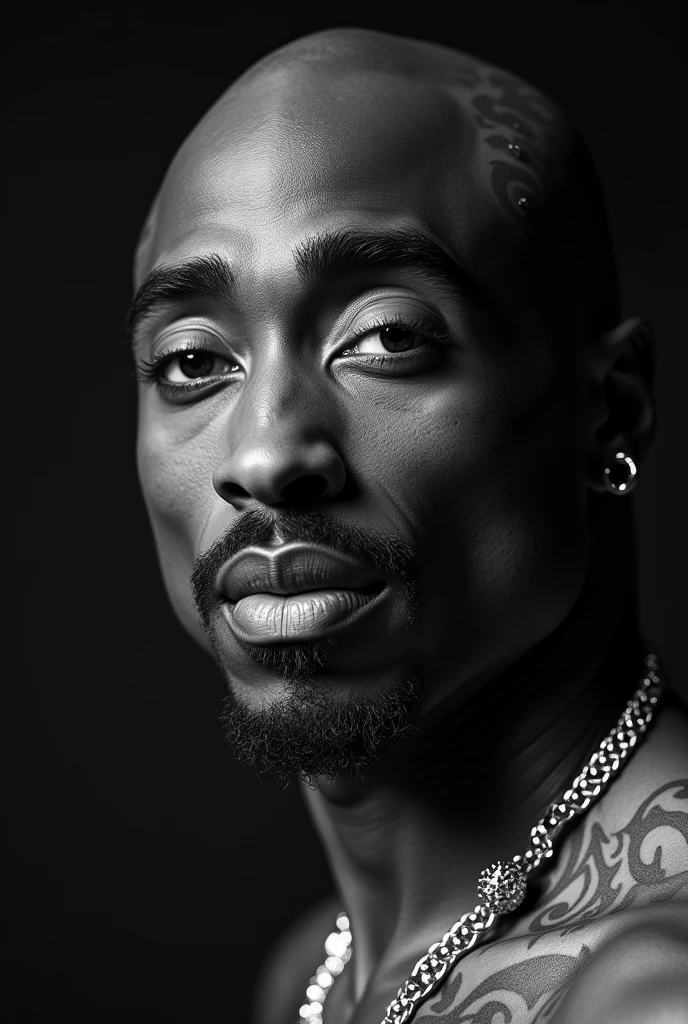 (photorealism:1.2), (((Tupac Shakur))), bald head, 25 years old, extremely accurate features, performing in a concert, black and white images, extremely detailed facial features,

Create a high-resolution close-up image of Tupac Shakur's face. Pay attention to his skin texture, facial structure, and recognizable features such as his eyebrows, nose, and lips. The image should be highly detailed and accurate, resembling a real-life photo.

Generate a photorealistic portrait of Tupac Shakur. Ensure the image captures his distinctive features, including his iconic tattoos, bandana, nose piercing, and expressive eyes. The image should have extremely high detail and accuracy, making it look like a real photograph.
   