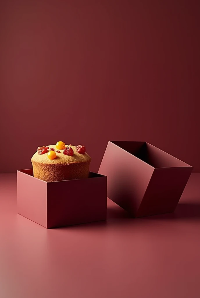 Two product display cubes of different heights, in wine color.
In the cube on the left, a panettone with candied fruit. The cube on the right will be empty, with nothing on top.  