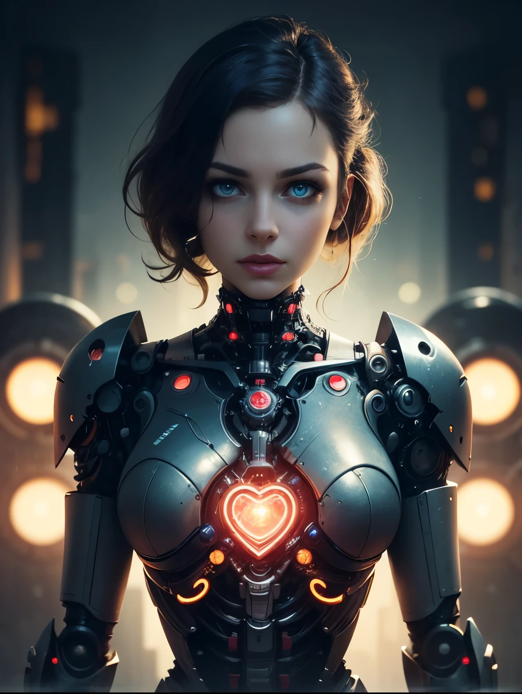 Topic prompts "Atomic heart, Mechanical girl" as follows: Atomic heart,Mechanical girl,Meticulous robot eyes,Detailed metal lip,Extremely detailed facial features of the robot,Shiny metal skin,Mechanical body parts,Mechanical gears and gears,Magical glowing heart,Cyberpunk style background,Science fiction art style,Vibrant colors,High-res,Ultra-detailed,Realistic lighting effects,Bokeh.