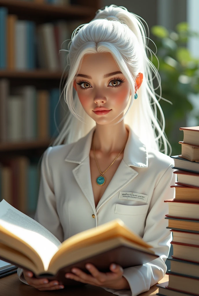 Barbie college girl with dark brown eyes and white hair and her medical books