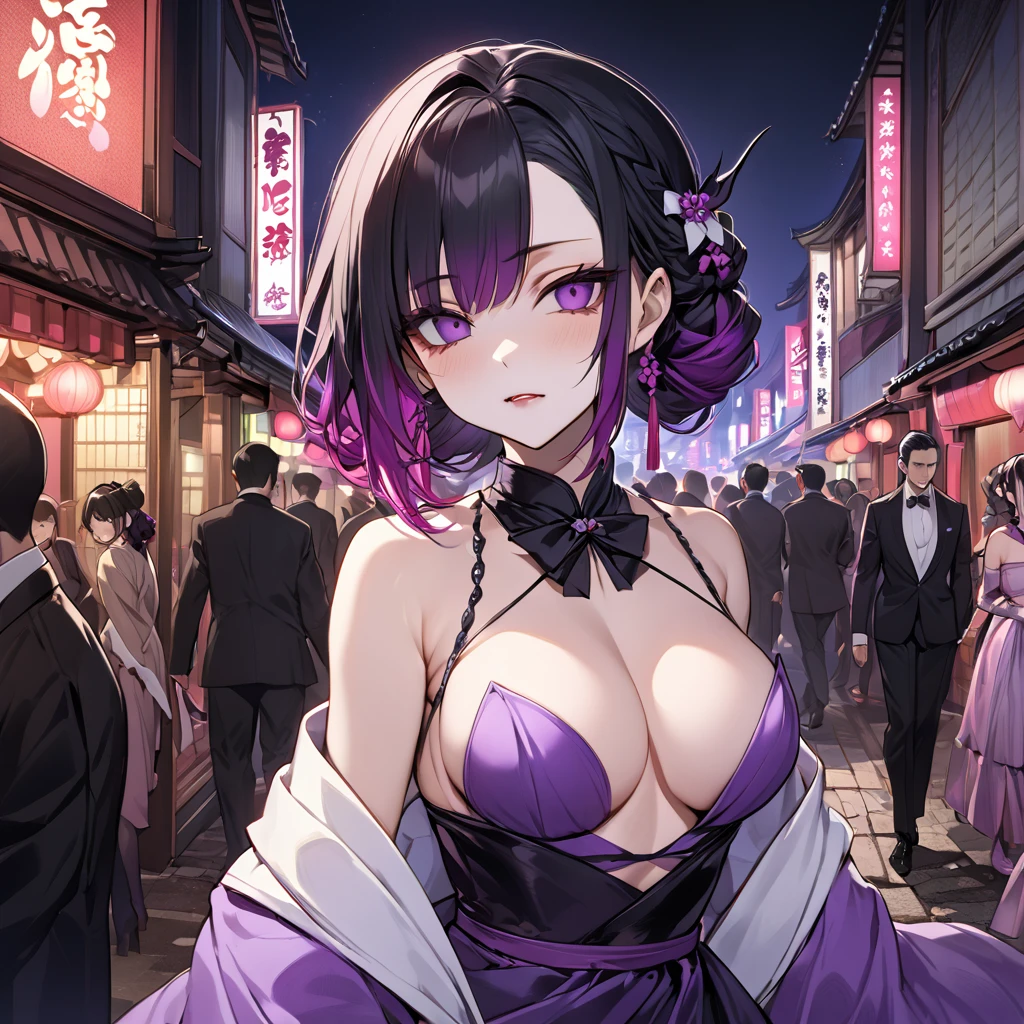 ((Highest quality)), ((masterpiece)), (detailed), (Perfect Face)、The demon woman is Shinobu Kochou, with black bob hair with purple gradation at the ends, styled in a formal evening hairstyle.、The woman is an evil man-eater and wears revealing clothing、A deserted area of the nightlife district during the Taisho period in Japan、Demon slayer