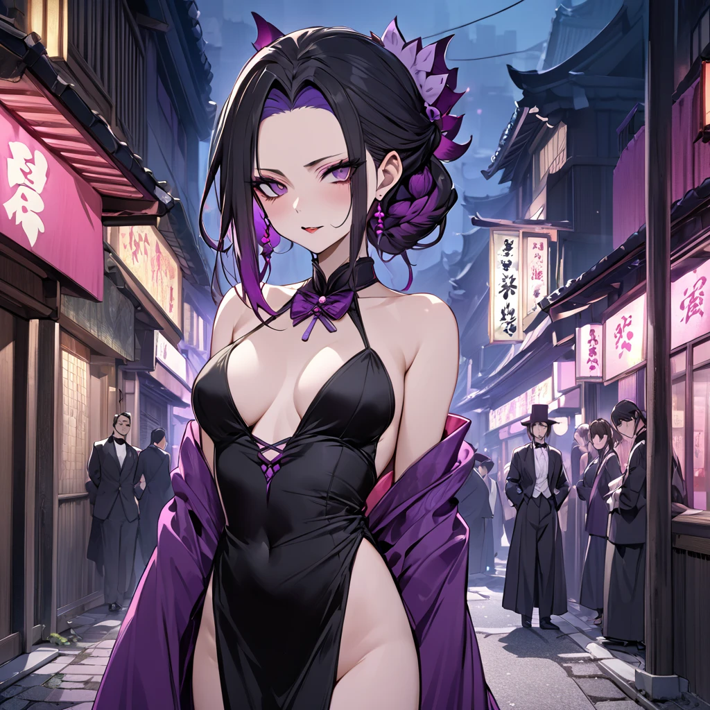 ((Highest quality)), ((masterpiece)), (detailed), （Perfect Face）、The demon woman is Shinobu Kochou, with black bob hair with purple gradation at the ends, styled in a formal evening hairstyle.、The woman is an evil man-eater and wears revealing clothing、A deserted area of the nightlife district during the Taisho period in Japan、Demon slayer