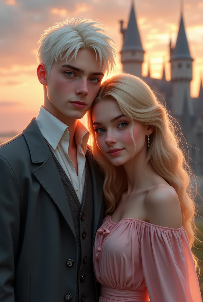 Teenage couple, two people. First person is a very handsome 17 year old albino boy with pale skin, white-blonde hair, and grey eyes and dressed in gray. The second person is a very pretty 17 year old girl with wavy long blonde hair and dark brown eyes and dressed in pink. Realistic detailed lifelike. Soft smiling. Background of Hogwarts Castle sunset.