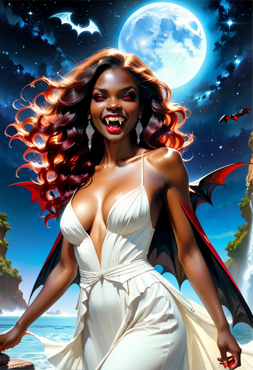 a picture of an exquisite beautiful female (African: 1.3) vampire standing under the starry night sky at the base of the waterfall, ultra feminine, (busty: 1.2), small cleavage black skin, dynamic hair color, wavy hair, dynamic eyes color, (red glowing eyes: 1.3), ((vampire fangs: 1.5)), cold eyes, glowing eyes, intense eyes, dark red lips, wearing white dress, wearing blue cloak, ultra best realistic, best details, best quality, 16k, [ultra detailed], masterpiece, best quality, (extremely detailed), photorealism, depth of field, hyper realistic painting, sky full of stars background, moon, bats flying about, high details, best quality, 8k, [ultra detailed], masterpiece, best quality, (ultra detailed), vampyfangs1