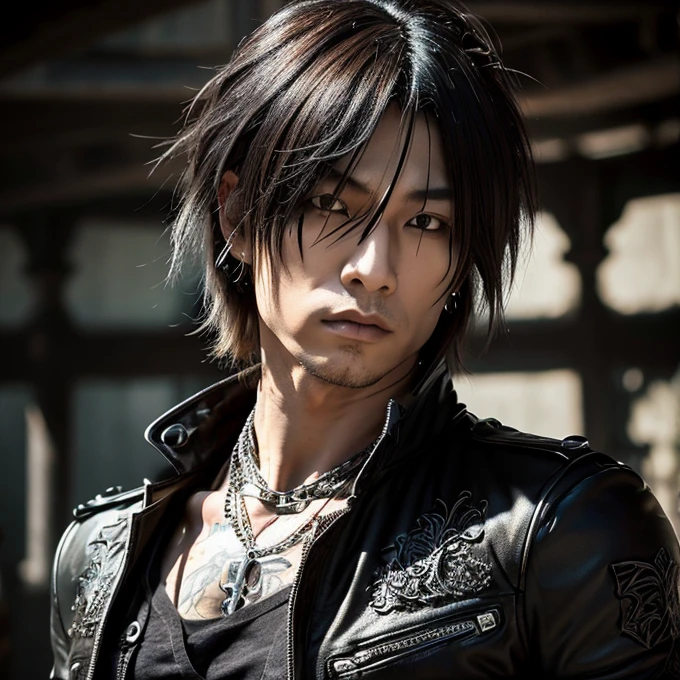 1 japanese male rocker, asien eyes, Visual Kai hairstyle, ultra detailed face and body, hyperrealistic, realistic representation, muscular, broad shoulders, tattoos gothic style, piercings, Visual Kei style, hairstyle Visual Kei, blond, 40 years old, age 40 outfit gothic streampunk, men's shirt and black pants, Asian eyes, eyes Asian, long hair, long hair